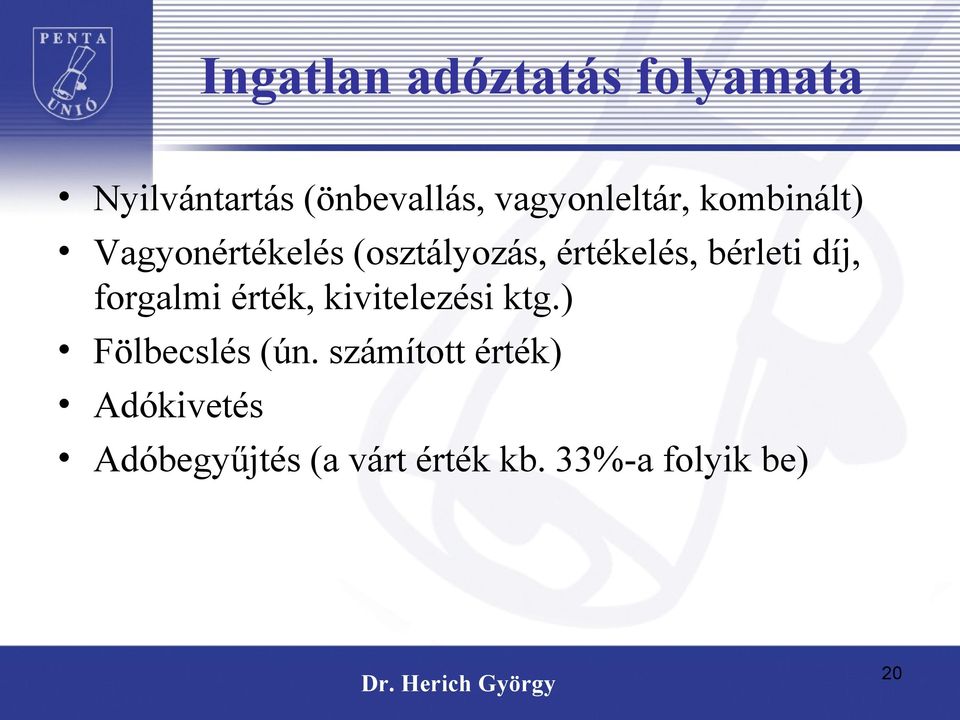 bérleti díj, forgalmi érték, kivitelezési ktg.) Fölbecslés (ún.