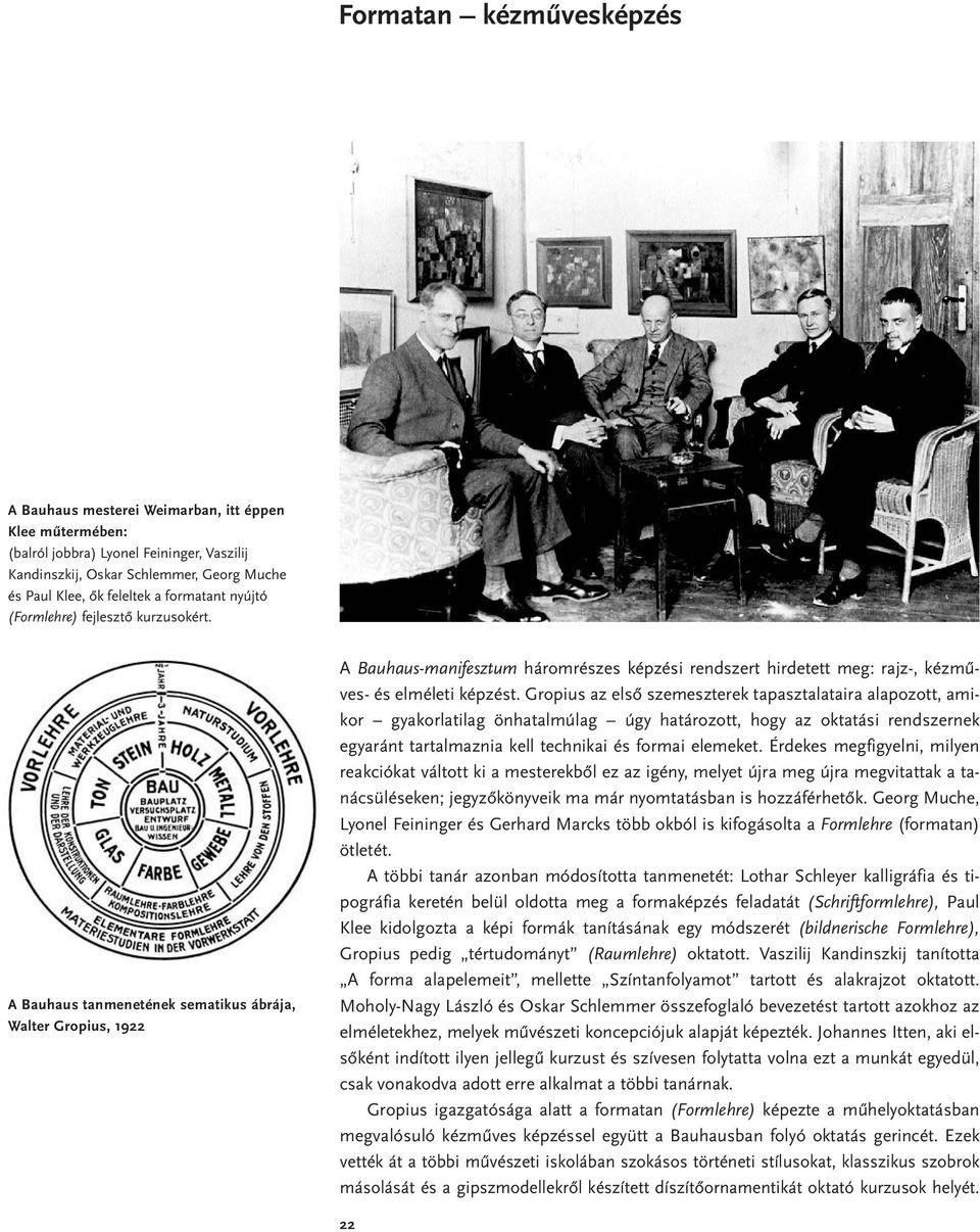A Bauhaus tanmenetének sematikus ábrája, Walter Gropius, 1922 A Bauhaus-manifesztum háromrészes képzési rendszert hirdetett meg: rajz-, kézműves- és elméleti képzést.