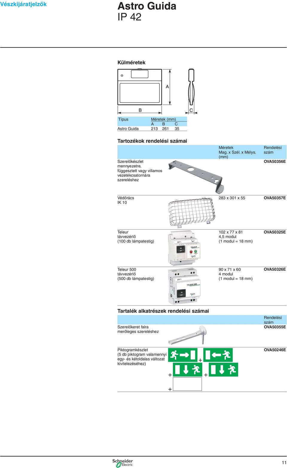 (mm) OVA50356E Védôrács IK 10 283 x 301 x 55 OVA50357E Teleur távvezérlô (100 db lámpatestig) 102 x 77 x 81 4,5 modul (1 modul = 18 mm) OVA50325E Teleur 500