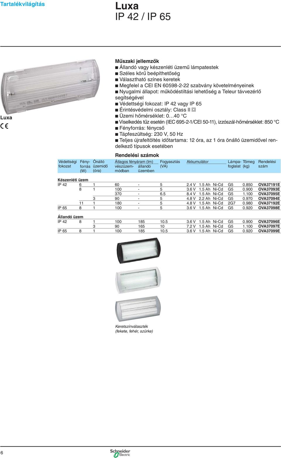65 b Érintésvédelmi osztály: Class II i b Üzemi hômérséklet: 0 40 C b Viselkedés tûz esetén (IEC 695-2-1/CEI 50-11), izzószál-hômérséklet: 850 C b Fényforrás: fénycsô b Tápfeszültség: 230 V, 50 Hz b