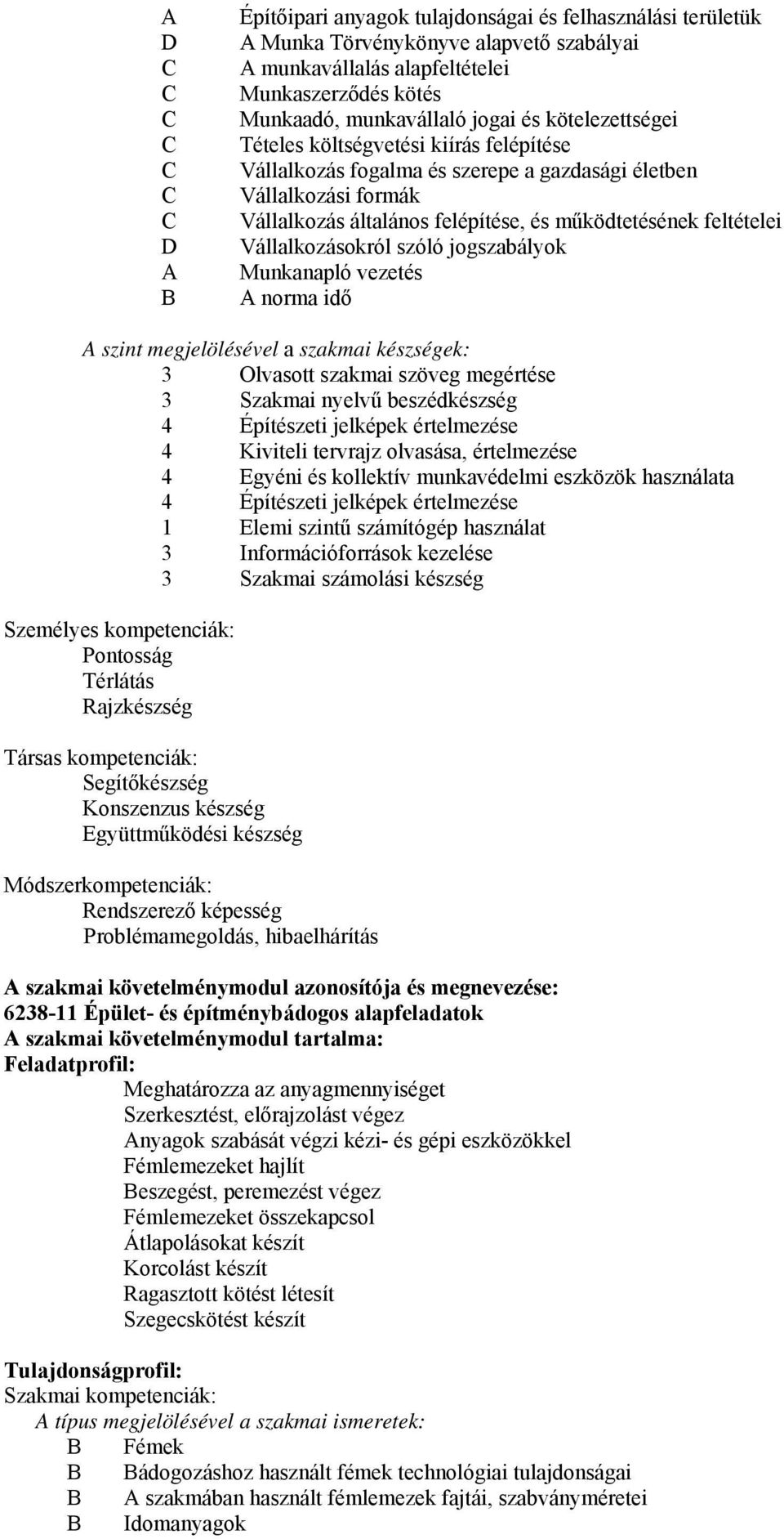 Vállalkozásokról szóló jogszabályok Munkanapló vezetés A norma idő A szint megjelölésével a szakmai készségek: 3 Olvasott szakmai szöveg megértése 3 Szakmai nyelvű beszédkészség 4 Építészeti jelképek