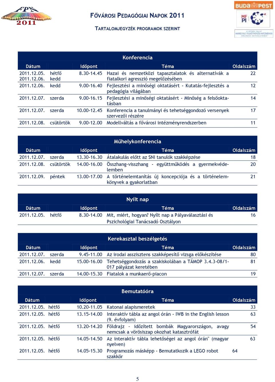 12.07. szerda 10.00-12.45 Konferencia a tanulmányi és tehetséggondozó versenyek 17 szervezői részére 2011.12.08. csütörtök 9.00-12.00 Modellváltás a fővárosi intézményrendszerben 11 Műhelykonferencia Dátum Időpont Téma Oldalszám 2011.