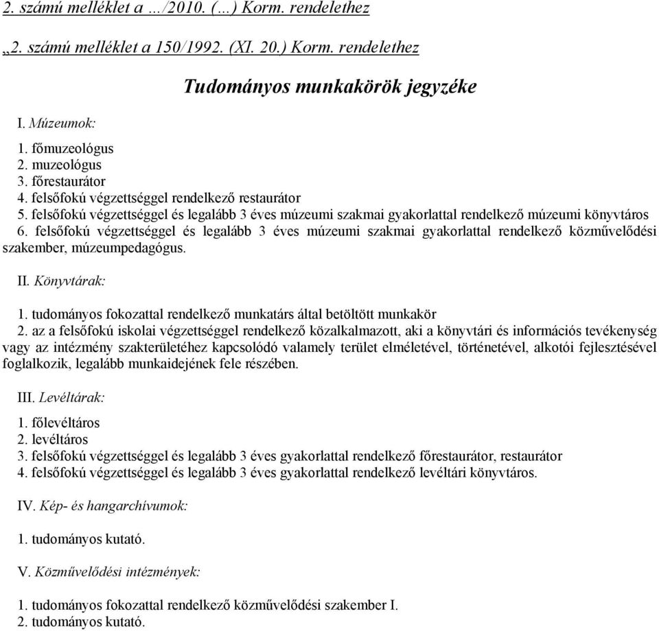 felsőfokú végzettséggel és legalább 3 éves múzeumi szakmai gyakorlattal rendelkező közművelődési szakember, múzeumpedagógus. II. Könyvtárak: 1.