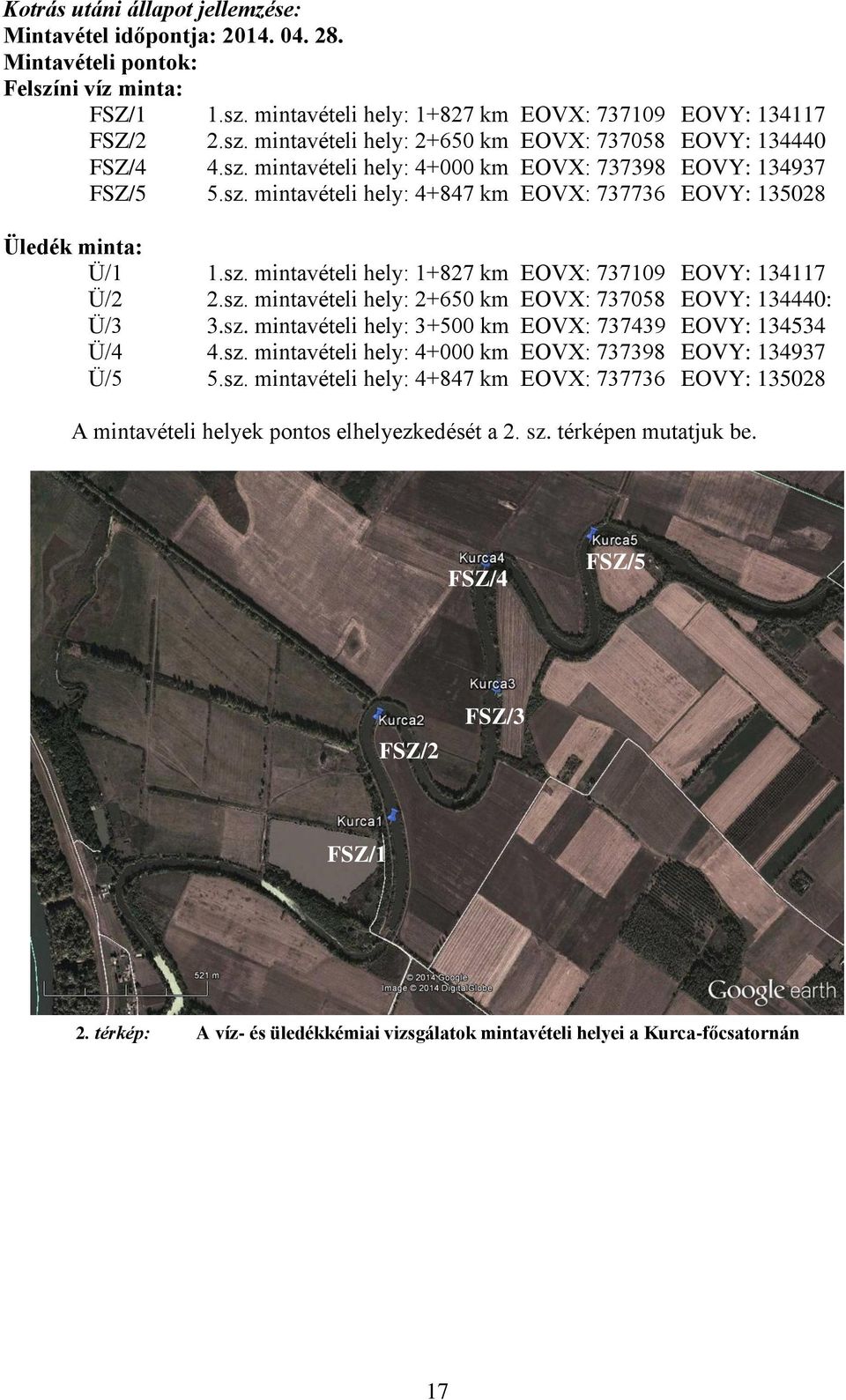 sz. mintavételi hely: 2+650 km EOVX: 737058 EOVY: 134440: Ü/3 3.sz. mintavételi hely: 3+500 km EOVX: 737439 EOVY: 134534 Ü/4 4.sz. mintavételi hely: 4+000 km EOVX: 737398 EOVY: 134937 Ü/5 5.sz. mintavételi hely: 4+847 km EOVX: 737736 EOVY: 135028 A mintavételi helyek pontos elhelyezkedését a 2.