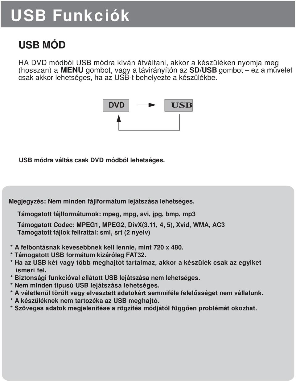 Támogatott fájlformátumok: mpeg, mpg, avi, jpg, bmp, mp3 Támogatott Codec: MPEG1, MPEG2, DivX(3.