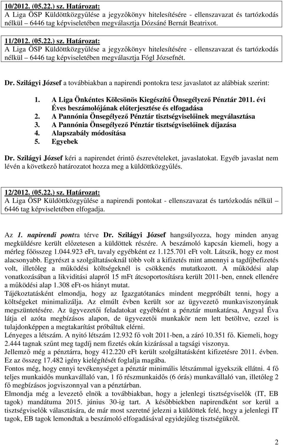 Szilágyi József a továbbiakban a napirendi pontokra tesz javaslatot az alábbiak szerint: 1. A Liga Önkéntes Kölcsönös Kiegészítő Önsegélyező Pénztár 2011.