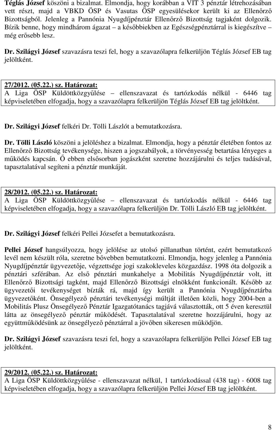 Szilágyi József szavazásra teszi fel, hogy a szavazólapra felkerüljön Téglás József EB tag 27/2012. (05.22.) sz.