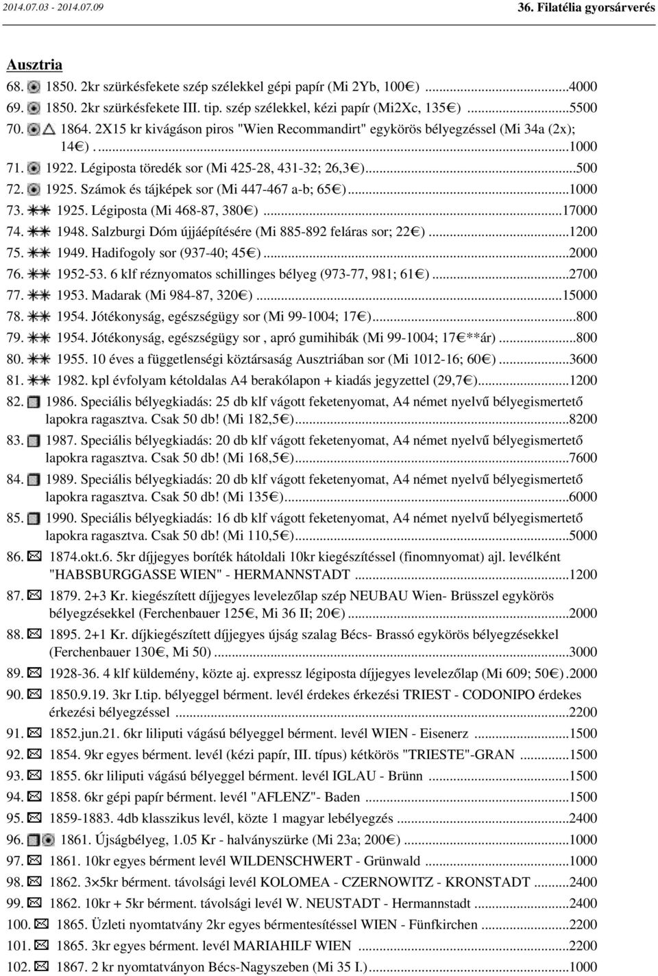 Számok és tájképek sor (Mi 447-467 a-b; 65 )...1000 73. 1925. Légiposta (Mi 468-87, 380 )...17000 74. 1948. Salzburgi Dóm újjáépítésére (Mi 885-892 feláras sor; 22 )...1200 75. 1949.