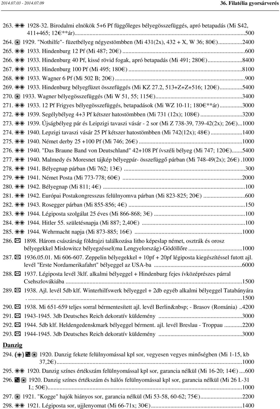 1933. Wagner 6 Pf (Mi 502 B; 20 )...900 269. 1933. Hindenburg bélyegfüzet összefüggés (Mi KZ 27.2, 513+Z+Z+516; 120 )...5400 270. 1933. Wagner bélyegösszefüggés (Mi W 51, 55; 115 )...3400 271. 1933. 12 Pf Frigyes bélyegösszefüggés, betapadások (Mi WZ 10-11; 180 **ár).