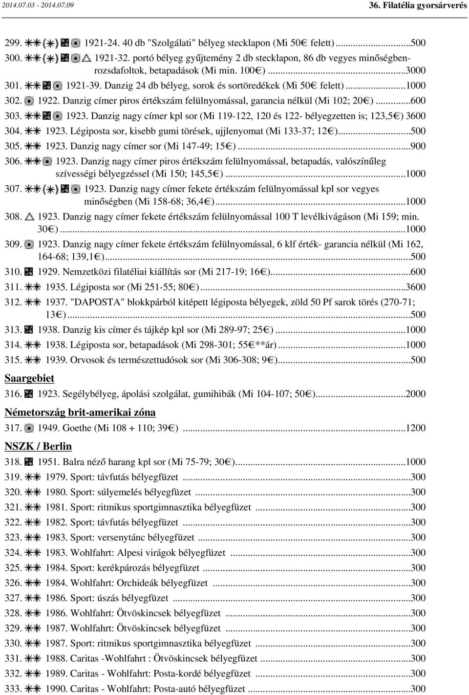 Danzig nagy címer kpl sor (Mi 119-122, 120 és 122- bélyegzetten is; 123,5 ) 3600 304. 1923. Légiposta sor, kisebb gumi törések, ujjlenyomat (Mi 133-37; 12 )...500 305. 1923. Danzig nagy címer sor (Mi 147-49; 15 ).