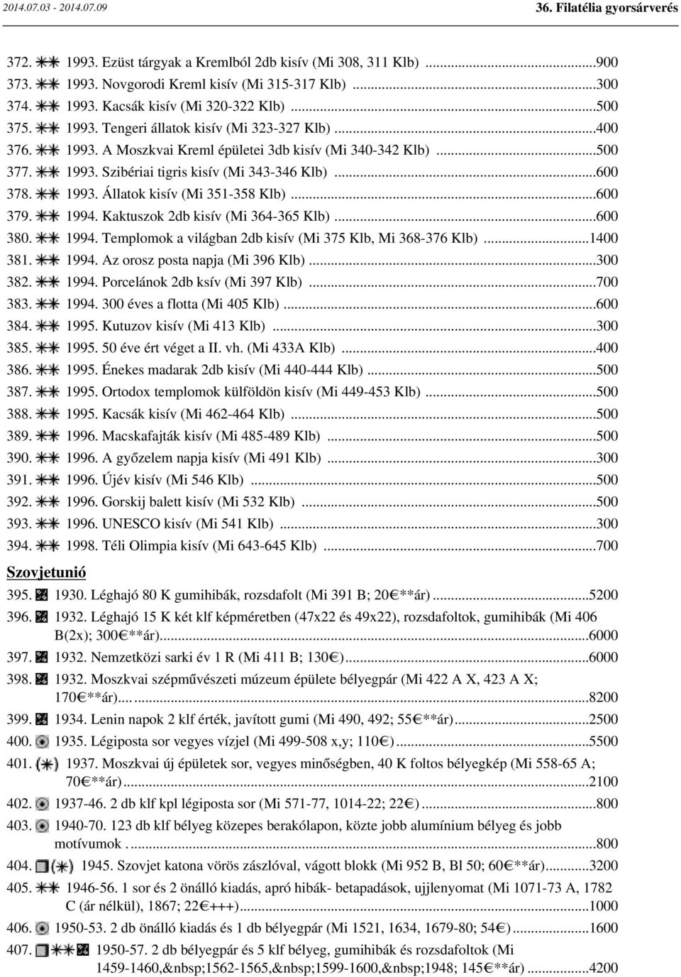 Kaktuszok 2db kisív (Mi 364-365 Klb)...600 380. 1994. Templomok a világban 2db kisív (Mi 375 Klb, Mi 368-376 Klb)...1400 381. 1994. Az orosz posta napja (Mi 396 Klb)...300 382. 1994. Porcelánok 2db ksív (Mi 397 Klb).