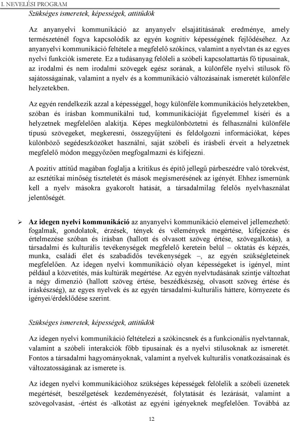 Ez a tudásanyag felöleli a szóbeli kapcsolattartás fő típusainak, az irodalmi és nem irodalmi szövegek egész sorának, a különféle nyelvi stílusok fő sajátosságainak, valamint a nyelv és a