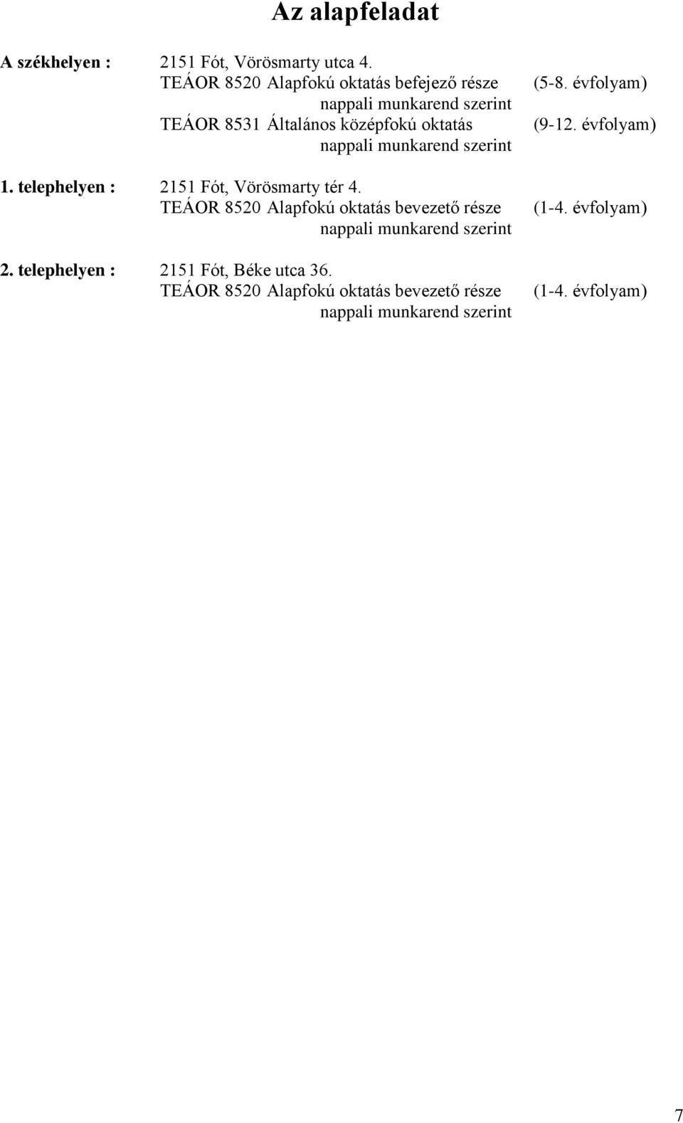 munkarend szerint 1. telephelyen : 2151 Fót, Vörösmarty tér 4.