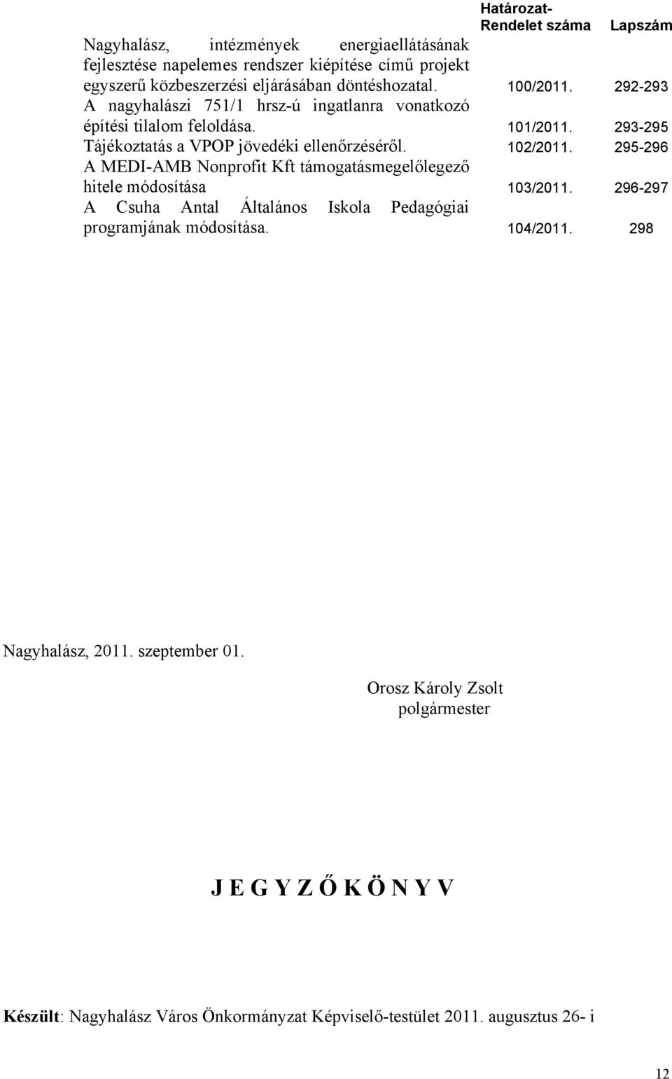 293-295 Tájékoztatás a VPOP jövedéki ellenőrzéséről. 102/2011. 295-296 A MEDI-AMB Nonprofit Kft támogatásmegelőlegező hitele módosítása 103/2011.