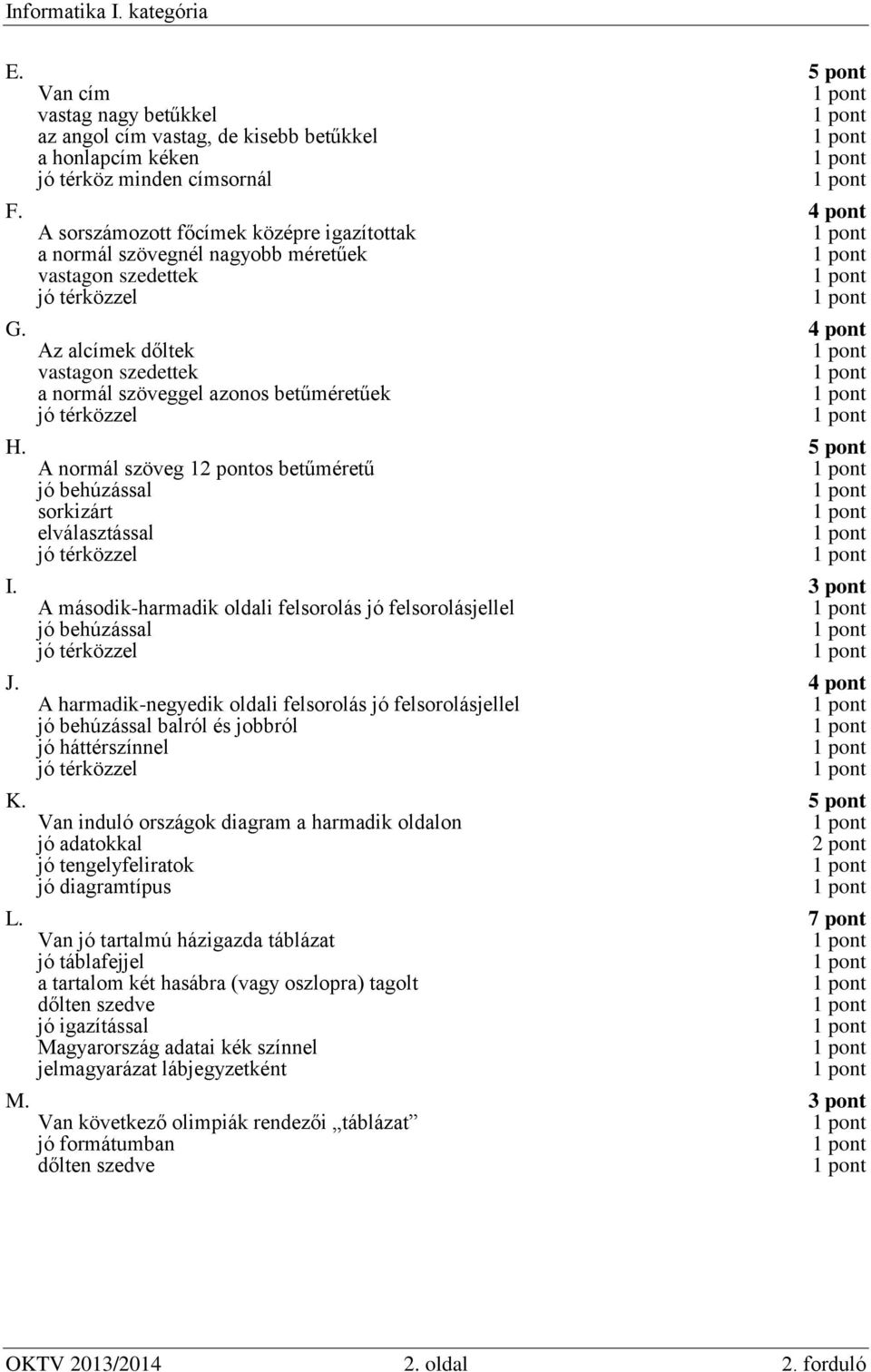 4 pont Az alcímek dőltek vastagon szedettek a normál szöveggel azonos betűméretűek jó térközzel H. 5 pont A normál szöveg 1os betűméretű jó behúzással sorkizárt elválasztással jó térközzel I.