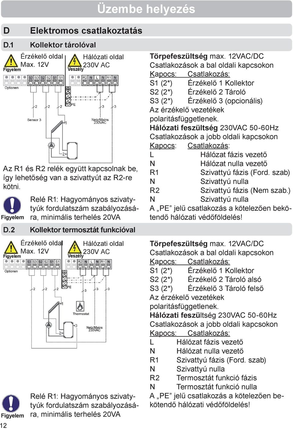 12V Relé R1: Hagyományos szivatytyúk fordulatszám szabályozására, minimális terhelés 20VA Hálózati oldal 230V AC Relé R1: Hagyományos szivatytyúk fordulatszám szabályozására, minimális terhelés 20VA