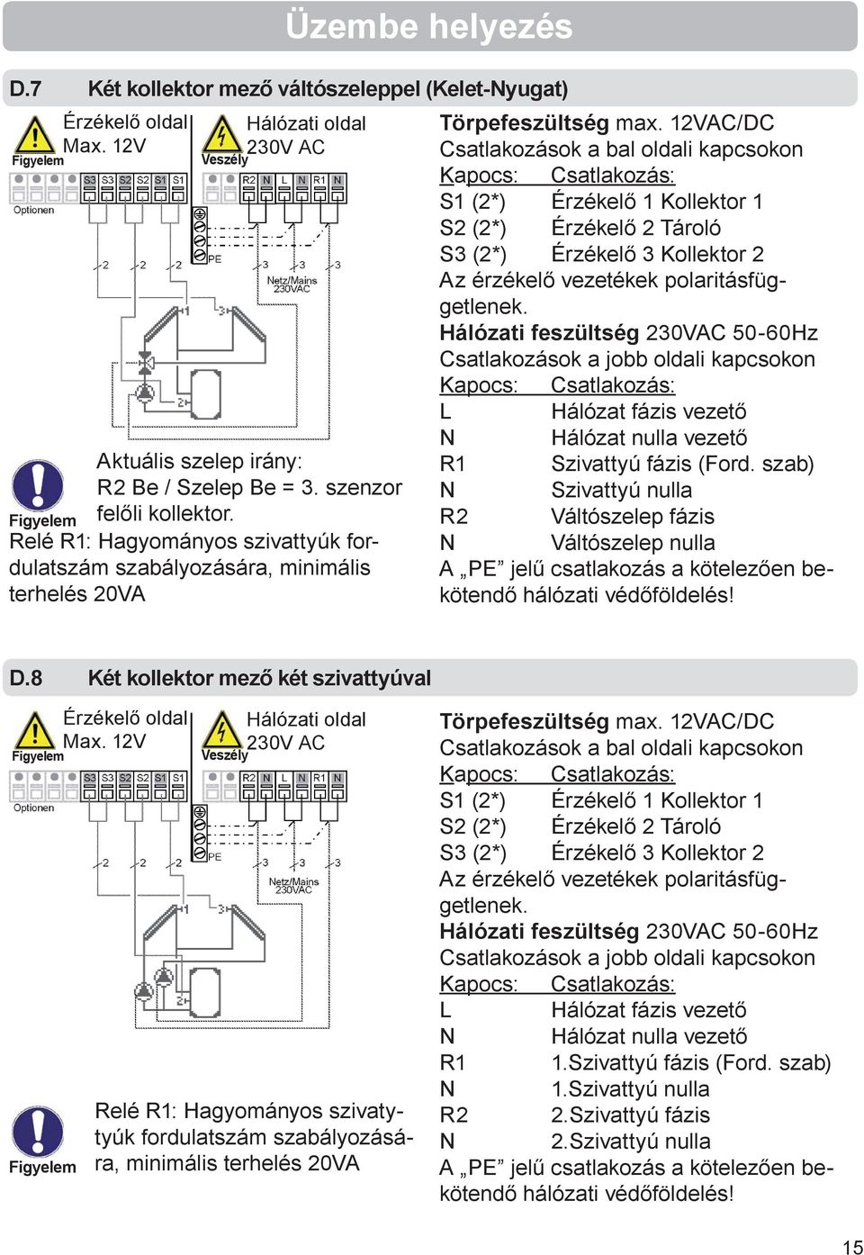 12VAC/DC Csatlakozások a bal oldali kapcsokon S1 (2*) Érzékelő 1 Kollektor 1 S2 (2*) Érzékelő 2 Tároló S3 (2*) Érzékelő 3 Kollektor 2 Az érzékelő vezetékek polaritásfüggetlenek.