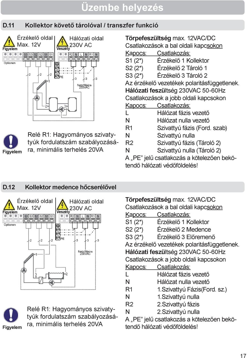 12VAC/DC Csatlakozások a bal oldali kapcsokon S1 (2*) Érzékelő 1 Kollektor S2 (2*) Érzékelő 2 Tároló 1 S3 (2*) Érzékelő 3 Tároló 2 Az érzékelő vezetékek polaritásfüggetlenek.