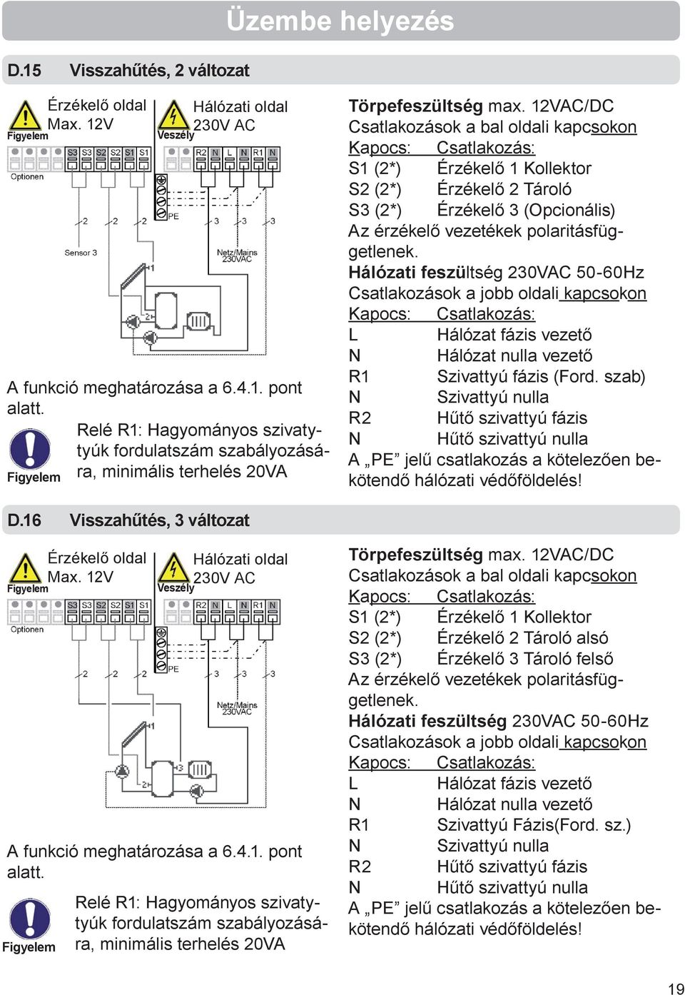 12VAC/DC Csatlakozások a bal oldali kapcsokon S1 (2*) Érzékelő 1 Kollektor S2 (2*) Érzékelő 2 Tároló S3 (2*) Érzékelő 3 (Opcionális) Az érzékelő vezetékek polaritásfüggetlenek.