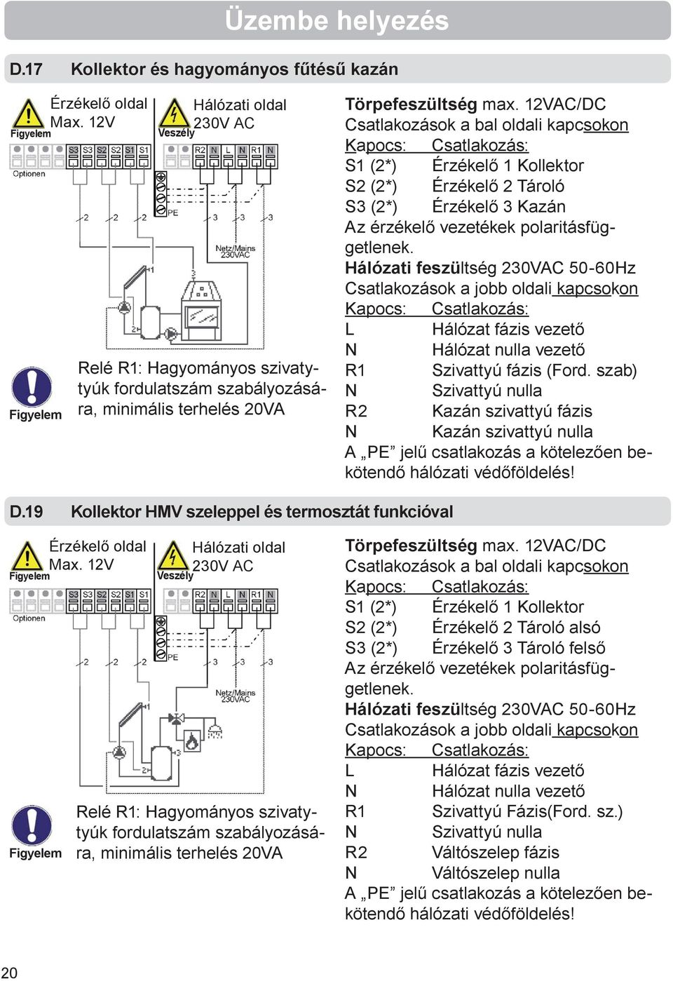 12VAC/DC Csatlakozások a bal oldali kapcsokon S1 (2*) Érzékelő 1 Kollektor S2 (2*) Érzékelő 2 Tároló S3 (2*) Érzékelő 3 Kazán Az érzékelő vezetékek polaritásfüggetlenek.