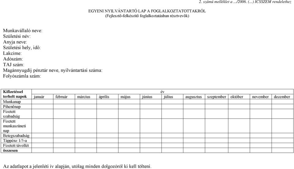 ..) ICSSZEM rendelethez Munkavállaló neve: Születési név: Anyja neve: Születési hely, idő: Lakcíme: Adószám: TAJ szám: Magánnyugdíj pénztár neve, nyilvántartási