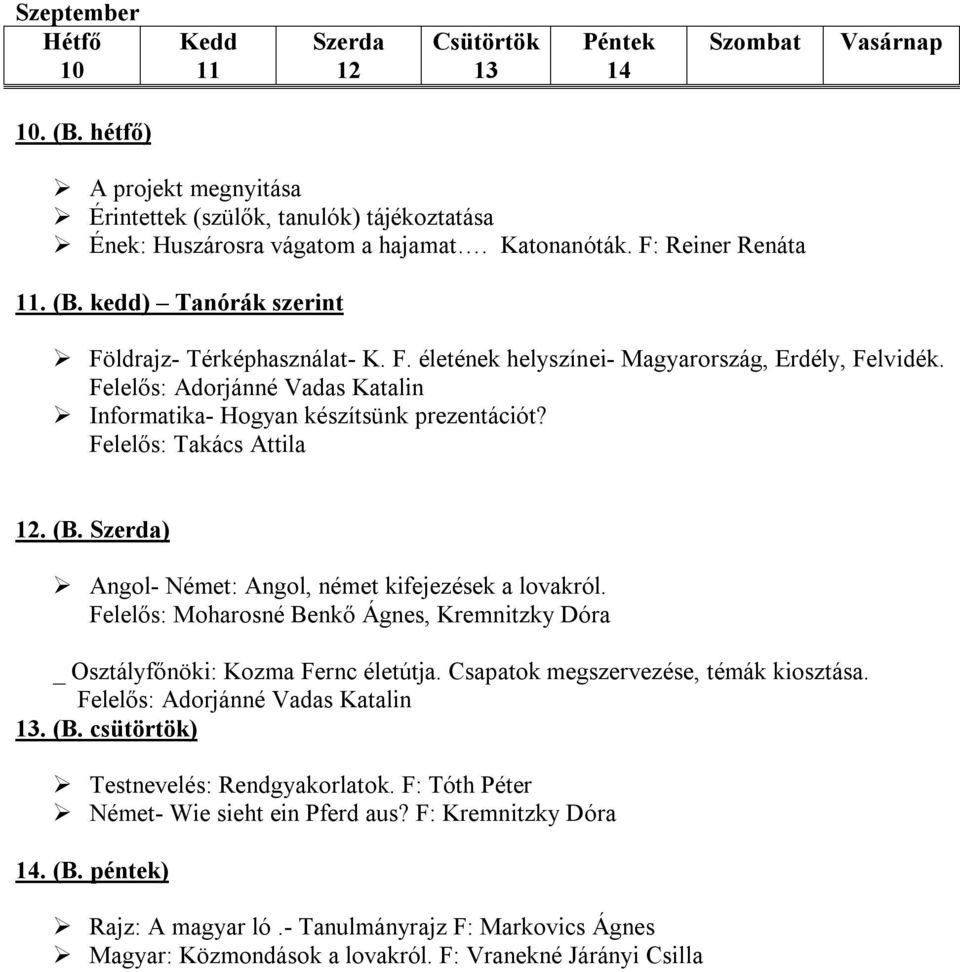 Felelős: Takács Attila 12. (B. ) Angol- Német: Angol, német kifejezések a lovakról. Felelős: Moharosné Benkő Ágnes, Kremnitzky Dóra _ Osztályfőnöki: Kozma Fernc életútja.