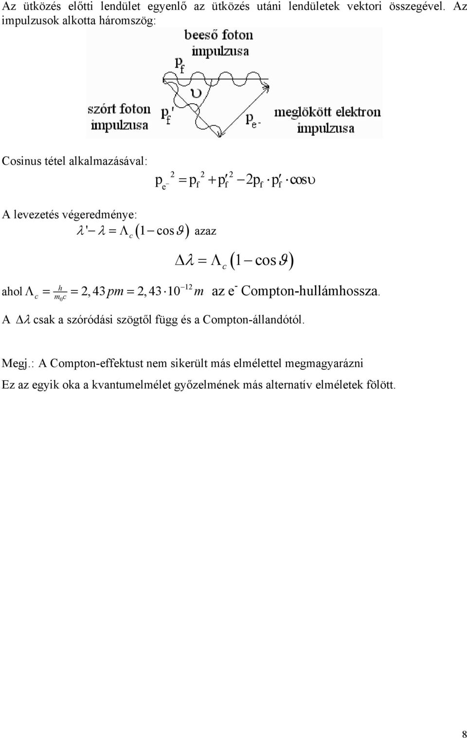 ϑ ) =Λ azaz c Δ λ =Λ c ( 1 cosϑ ) h 12 ahol Λ c = mc = 2,43pm = 2,43 10 m az e - Compton-hullámhossza.