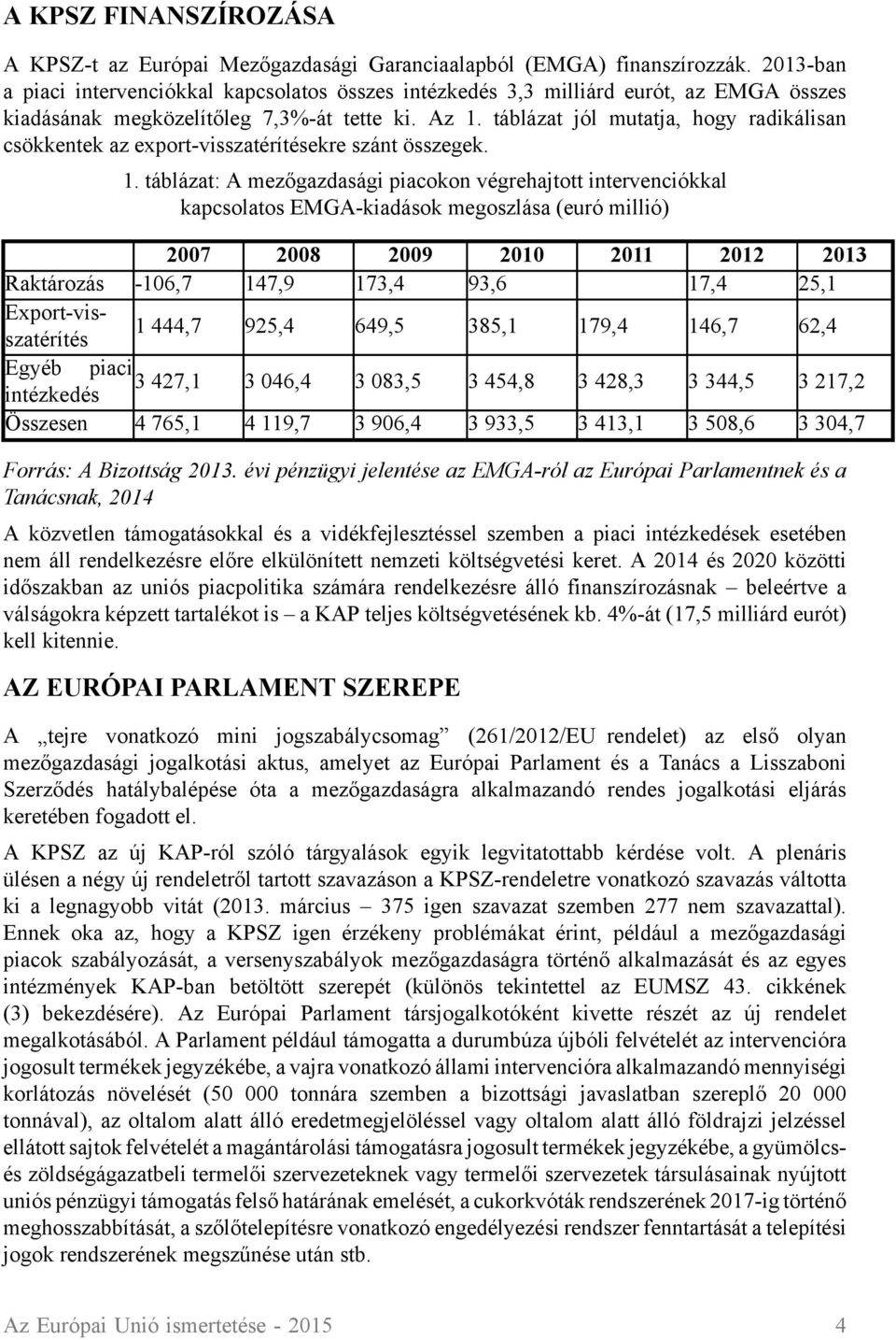 táblázat jól mutatja, hogy radikálisan csökkentek az export-visszatérítésekre szánt összegek. 1.