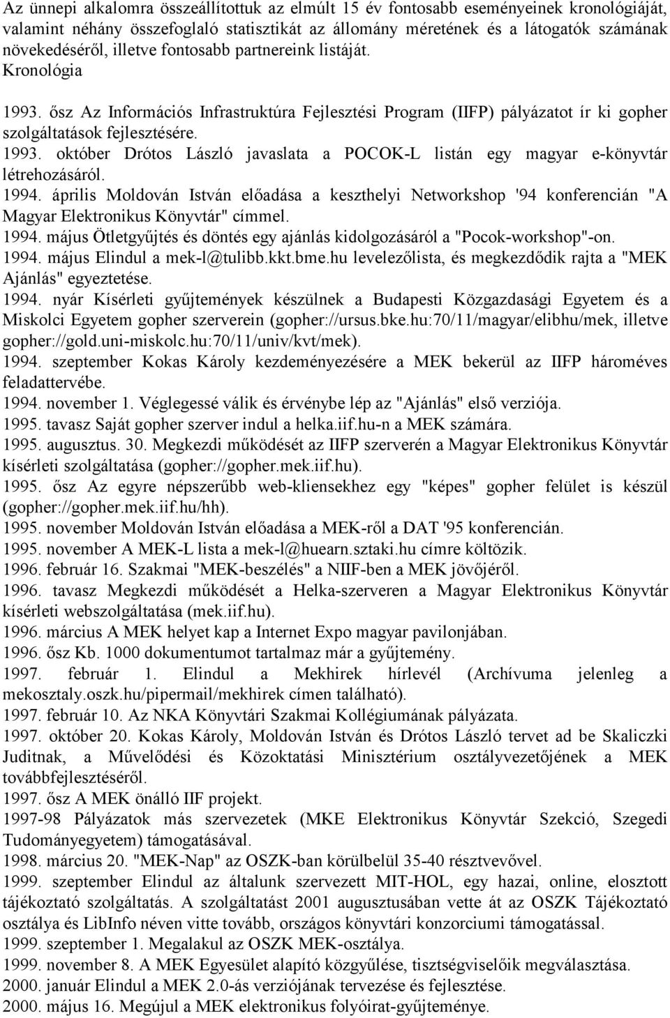 1994. április Moldován István előadása a keszthelyi Networkshop '94 konferencián "A Magyar Elektronikus Könyvtár" címmel. 1994.