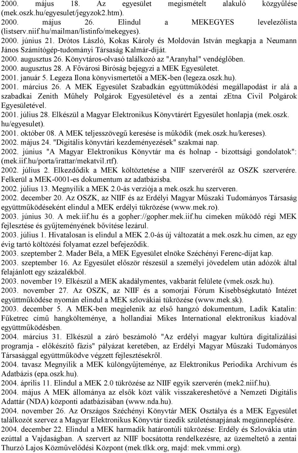 A Fővárosi Bíróság bejegyzi a MEK Egyesületet. 2001. január 5. Legeza Ilona könyvismertetői a MEK-ben (legeza.oszk.hu). 2001. március 26.