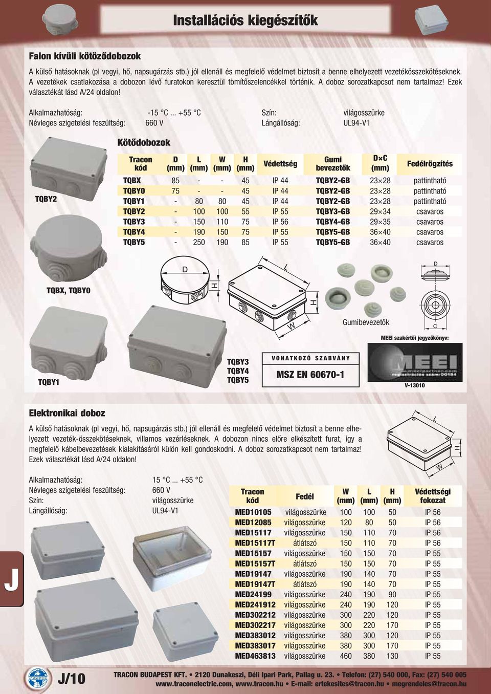 .. +55 C Szín: világosszürke Névleges szigetelési feszültség: 660 V ángállóság: U94-V1 TQBY2 Kötődobozok Tracon Védettség Gumi C kód (mm) (mm) (mm) (mm) bevezetők (mm) Fedélrögzítés TQBX 85 - - 45 IP