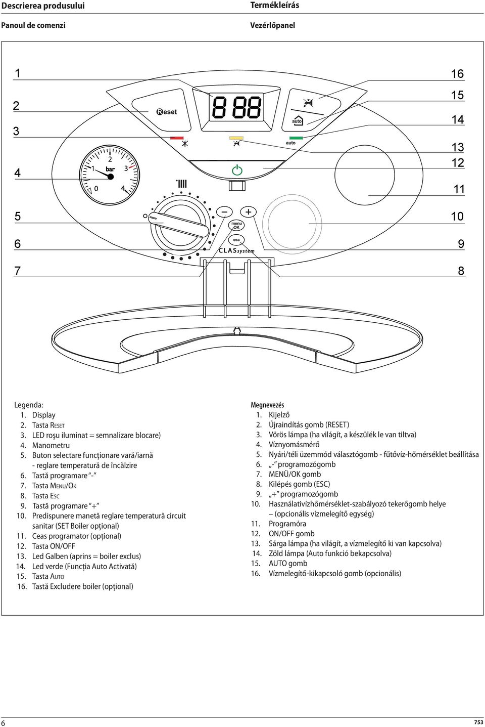 Predispunere manetă reglare temperatură circuit sanitar (SET Boiler opţional) 11. Ceas programator (opţional) 12. Tasta ON/OFF 13. Led Galben (aprins = boiler exclus) 14.