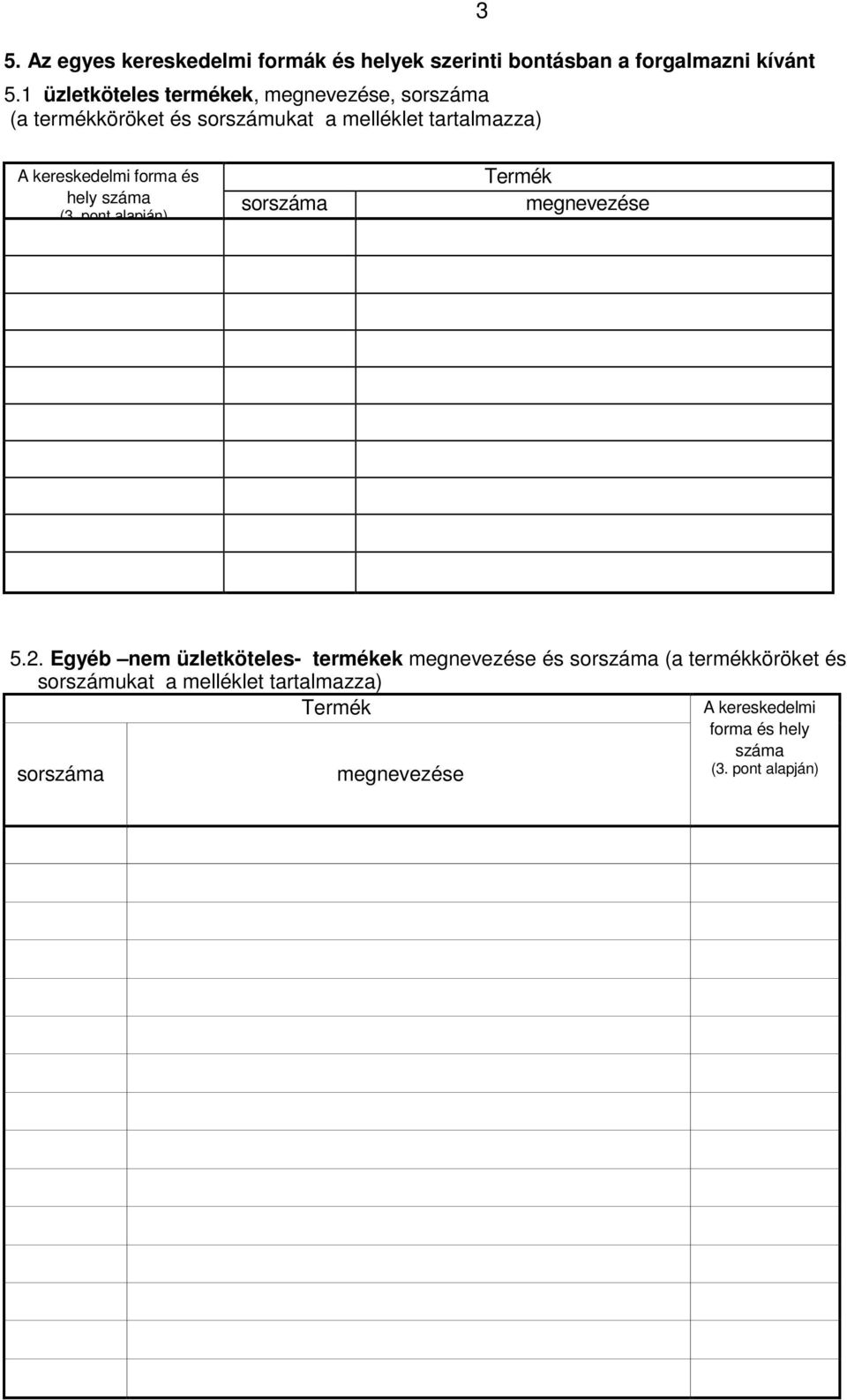 kereskedelmi forma és hely száma (3. pont alapján) sorszáma Termék megnevezése 5.2.