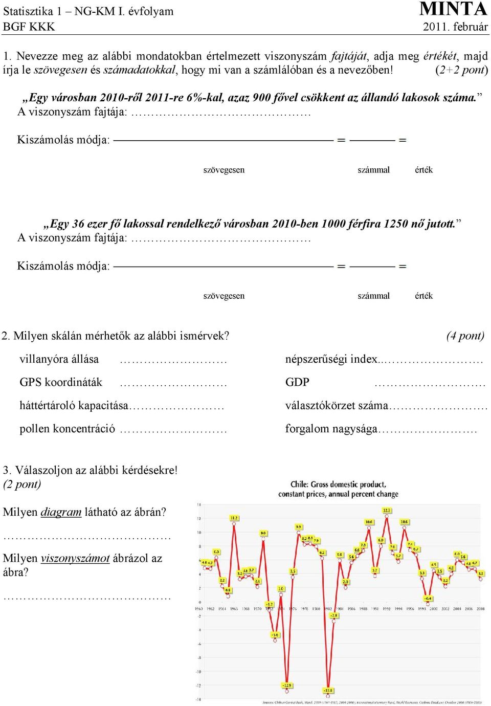 (2+2 pont) Egy városban 2010-ről 2011-re 6%-kal, azaz 900 fővel csökkent az állandó lakosok száma. Egy 36 ezer fő lakossal rendelkező városban 2010-ben 1000 férfira 1250 nő jutott. 2. Milyen skálán mérhetők az alábbi ismérvek?