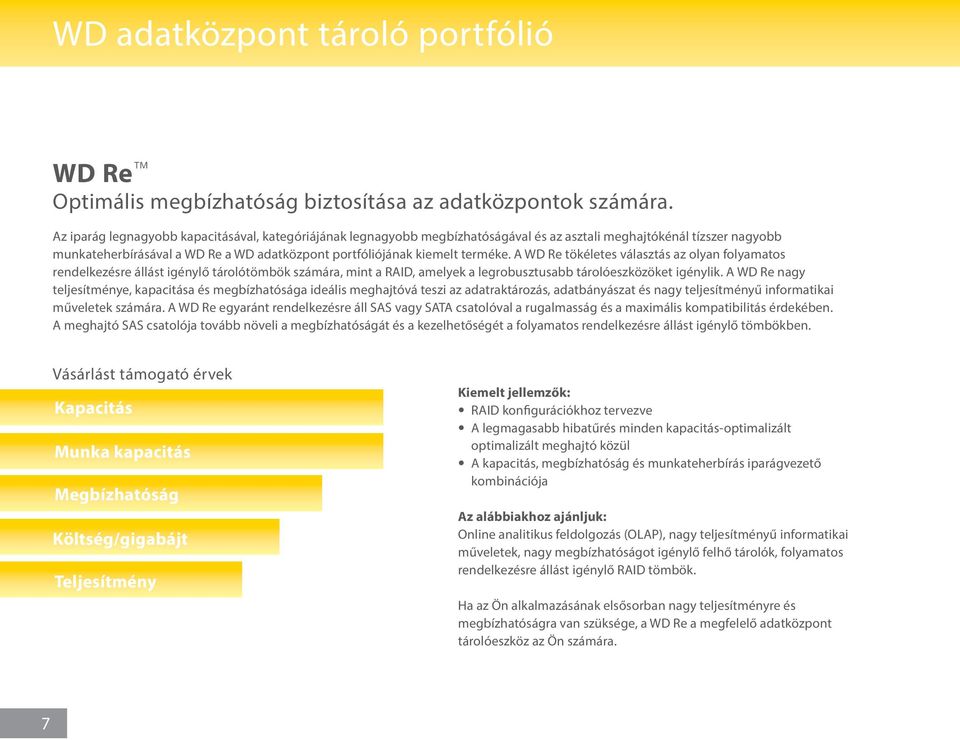 A WD Re tökéletes választás az olyan folyamatos rendelkezésre állást igénylő tárolótömbök számára, mint a RAID, amelyek a legrobusztusabb tárolóeszközöket igénylik.