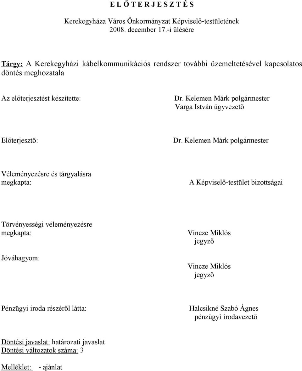 Kelemen Márk polgármester Varga István ügyvezető Előterjesztő: Dr.