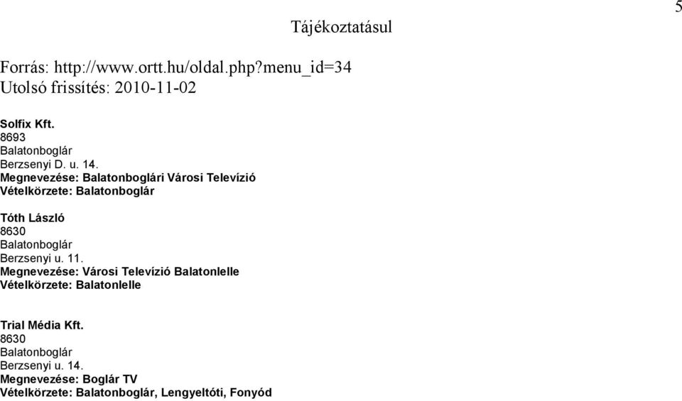 Megnevezése: i Városi Televízió Vételkörzete: Tóth László 8630 Berzsenyi u. 11.