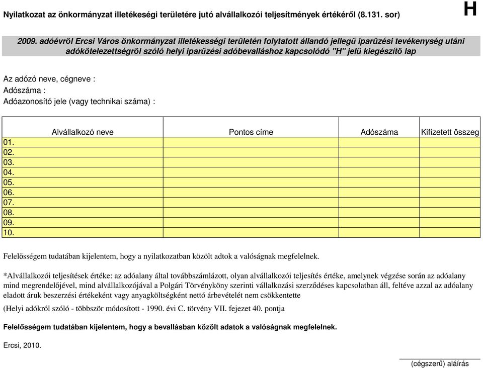 Alvállalkozó neve Pontos címe Adószáma Kifizetett összeg Felelısségem tudatában kijelentem, hogy a nyilatkozatban közölt adtok a valóságnak megfelelnek.