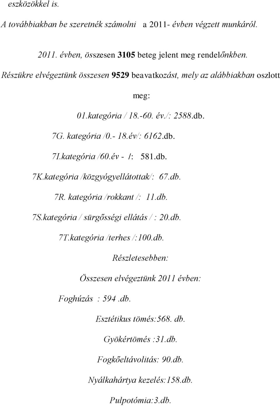 kategória /60.év - /: 581.db. 7K.kategória /közgyógyellátottak/: 67.db. 7R. kategória /rokkant /: 11.db. 7S.kategória / sürgősségi ellátás / : 20.db. 7T.