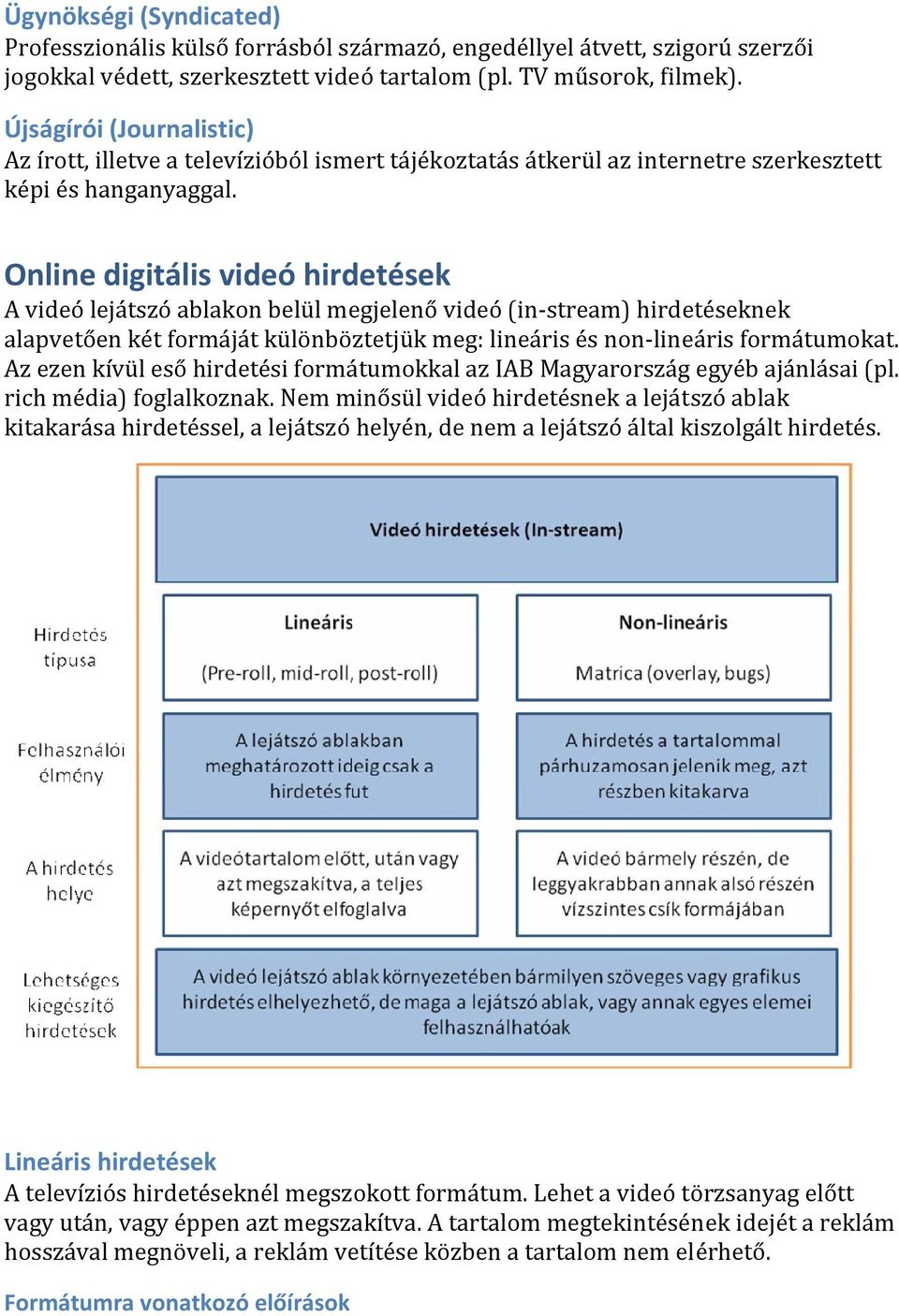 Online digitális videó hirdetések A videó lejátszó ablakon belül megjelenő videó (in stream) hirdetéseknek alapvetően két formáját különböztetjük meg: lineáris és non lineáris formátumokat.