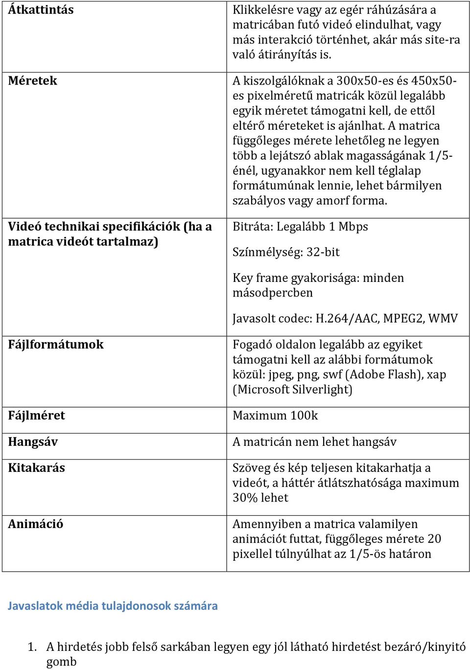 A matrica függőleges mérete lehetőleg ne legyen több a lejátszó ablak magasságának 1/5 énél, ugyanakkor nem kell téglalap formátumúnak lennie, lehet bármilyen szabályos vagy amorf forma.