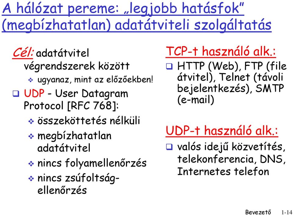 UDP - User Datagram Protocol [RFC 768]: összeköttetés nélküli megbízhatatlan adatátvitel nincs folyamellenőrzés nincs