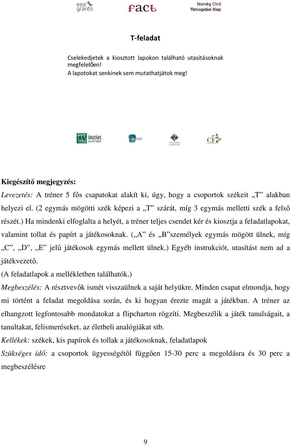 ) Ha mindenki elfoglalta a helyét, a tréner teljes csendet kér és kiosztja a feladatlapokat, valamint tollat és papírt a játékosoknak.