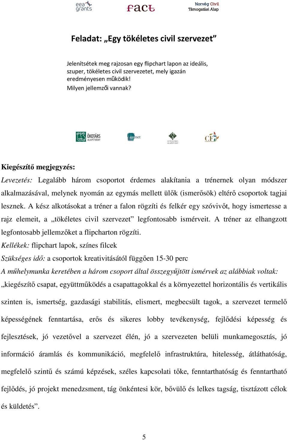 A kész alkotásokat a tréner a falon rögzíti és felkér egy szóvivőt, hogy ismertesse a rajz elemeit, a tökéletes civil szervezet legfontosabb ismérveit.