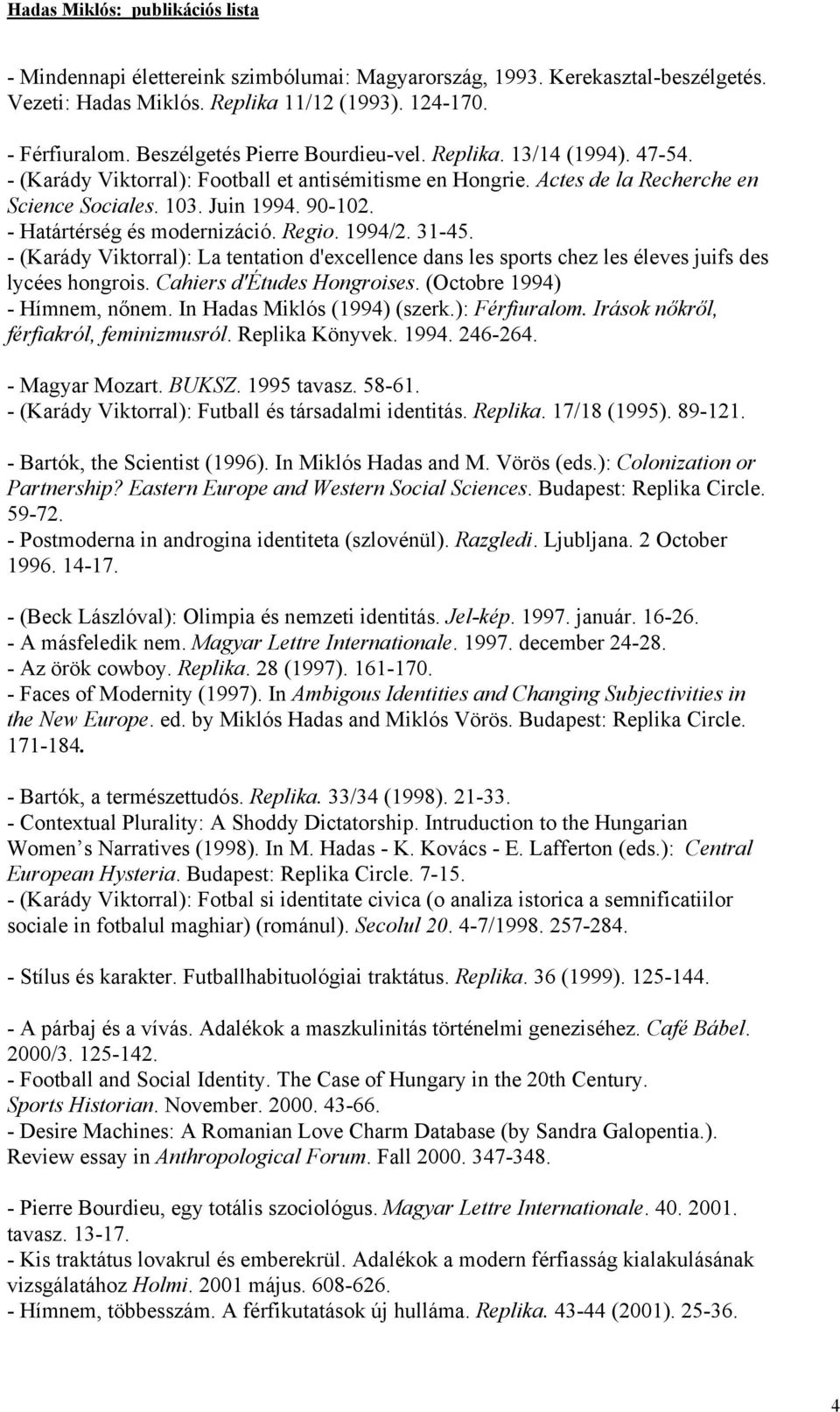 - (Karády Viktorral): La tentation d'excellence dans les sports chez les éleves juifs des lycées hongrois. Cahiers d'études Hongroises. (Octobre 1994) - Hímnem, nőnem. In Hadas Miklós (1994) (szerk.