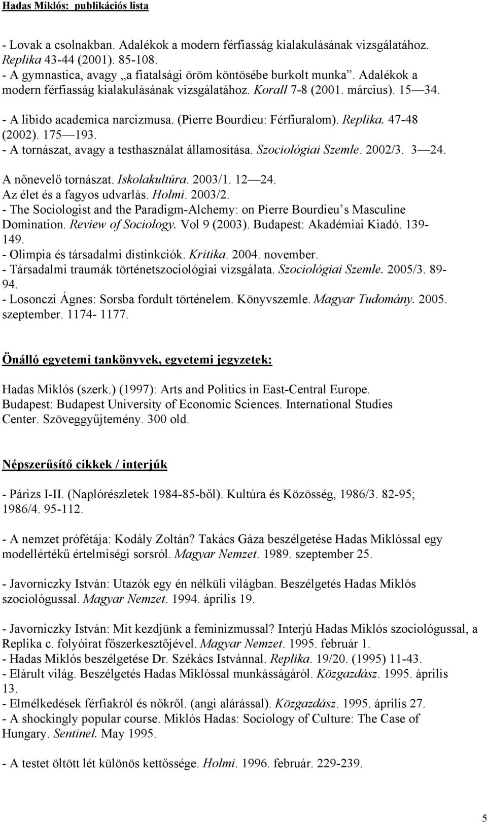 - A tornászat, avagy a testhasználat államosítása. Szociológiai Szemle. 2002/3. 3 24. A nőnevelő tornászat. Iskolakultúra. 2003/1. 12 24. Az élet és a fagyos udvarlás. Holmi. 2003/2.