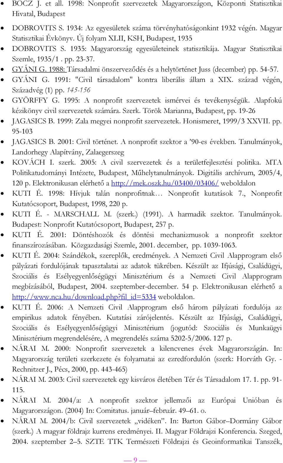 1988: Társadalmi önszerveződés és a helytörténet Juss (december) pp. 54-57. GYÁNI G. 1991: "Civil társadalom" kontra liberális állam a XIX. század végén, Századvég (1) pp. 145-156 GYÖRFFY G.