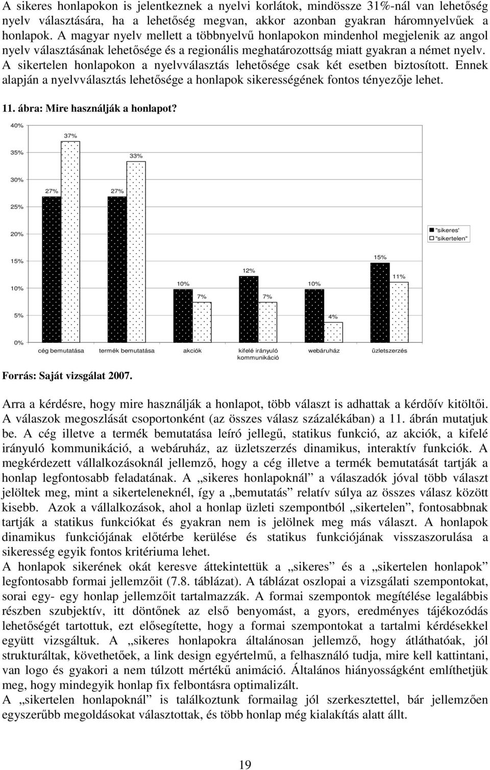 A sikertelen honlapokon a nyelvválasztás lehetısége csak két esetben biztosított. Ennek alapján a nyelvválasztás lehetısége a honlapok sikerességének fontos tényezıje lehet. 11.