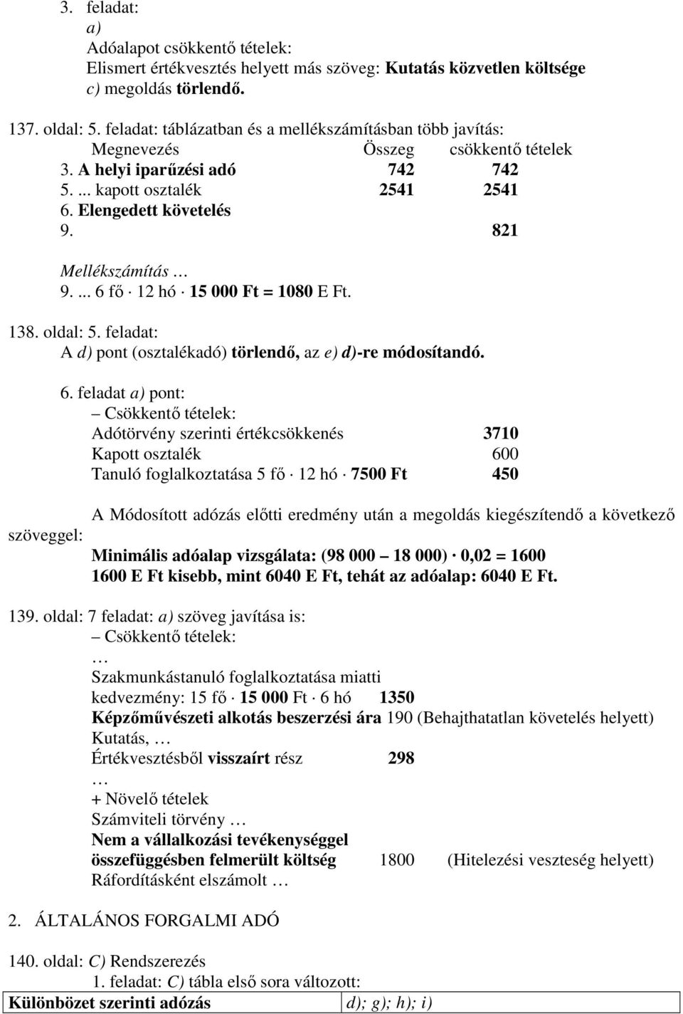 821 Mellékszámítás 9.... 6 fı 12 hó 15 000 Ft = 1080 E Ft. 138. oldal: 5. feladat: A d) pont (osztalékadó) törlendı, az e) d)-re módosítandó. szöveggel: 6.