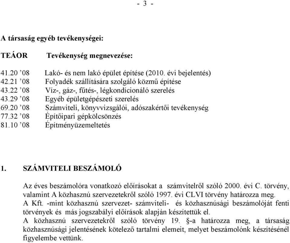 10 08 Építményüzemeltetés 1. SZÁMVITELI BESZÁMOLÓ Az éves beszámolóra vonatkozó előírásokat a számvitelről szóló 2000. évi C. törvény, valamint A közhasznú szervezetekről szóló 1997.